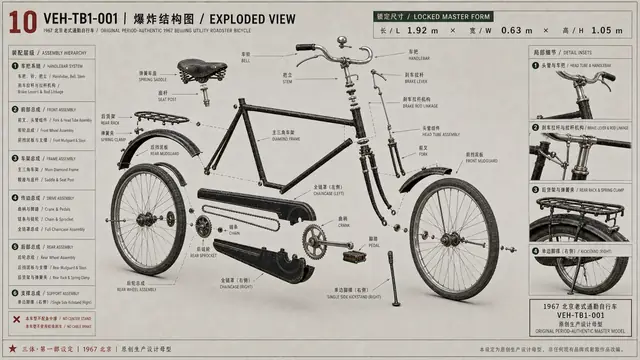 载具与特殊 · 1967 北京老式通勤自行车 · 爆炸图